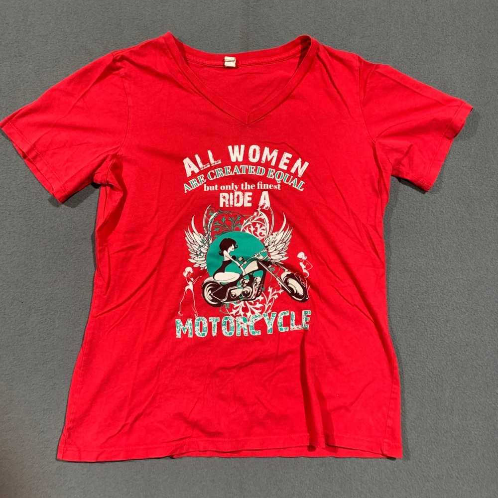 Womens Small Red Motorcycle Graphic V NeckT Shirt Biker Sexy Red Green Christmas
